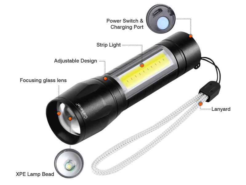 Mini USB Rechargeable Flashlight High Power Flashlight with COB Sidelight