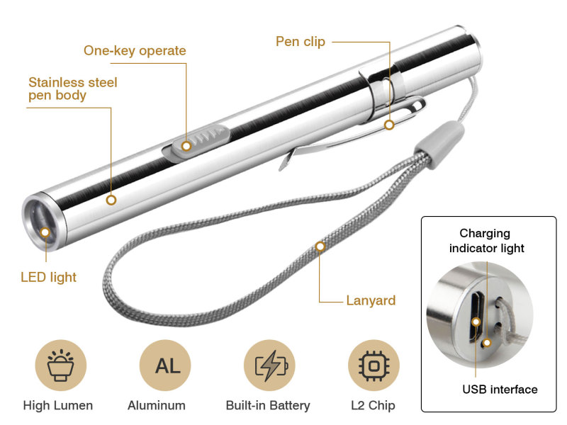 Garberiel USB Rechargeable Mini Pocket Flashlight For Doctor Nurse Diagnosis