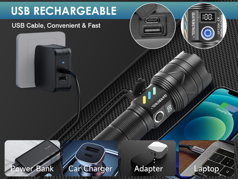 Garberiel Rechargeable Led Flashlight Waterproof Torch with 26650 Battery& Power Display