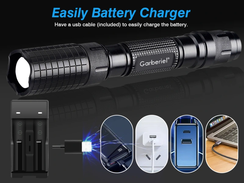 Garberiel 5Modes LED Flashlight Zoom Focus Tactical Torch with Durable Aluminum Body, T6 Bulb