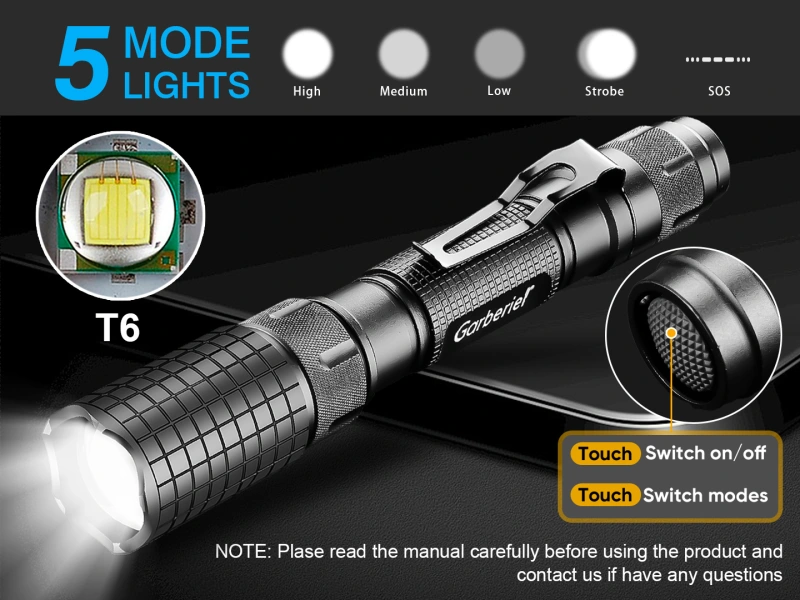 Garberiel 5Modes LED Flashlight Zoom Focus Tactical Torch with Durable Aluminum Body, T6 Bulb