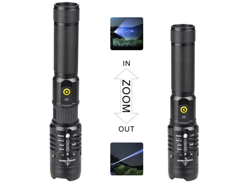 Small XHP50 LED Zoomable Flashlight Waterproof with 3 Modes and Battery Rechargeable
