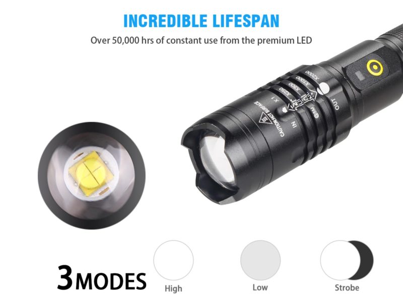 Small XHP50 LED Zoomable Flashlight Waterproof with 3 Modes and Battery Rechargeable