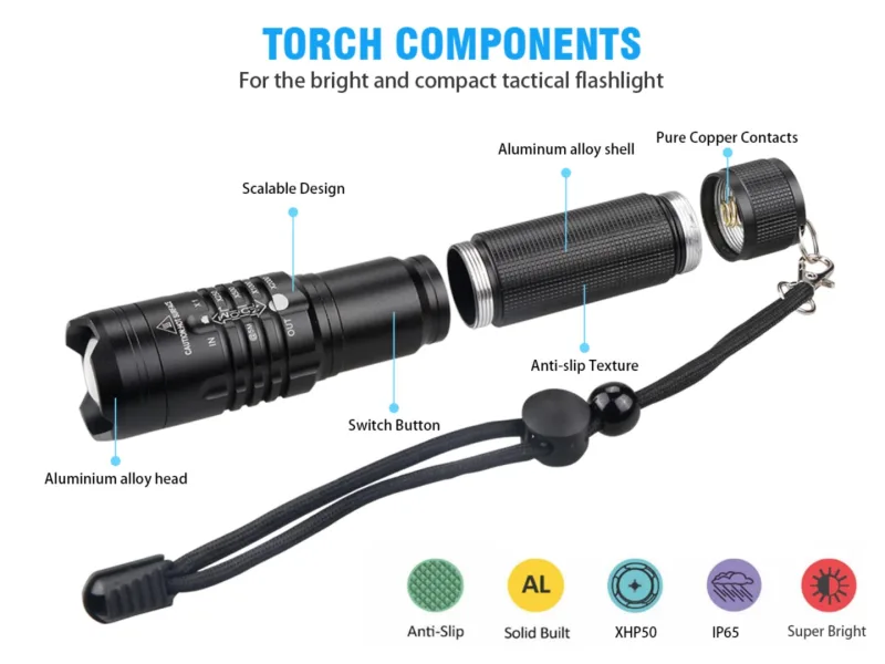 Small XHP50 LED Zoomable Flashlight Waterproof with 3 Modes and Battery Rechargeable