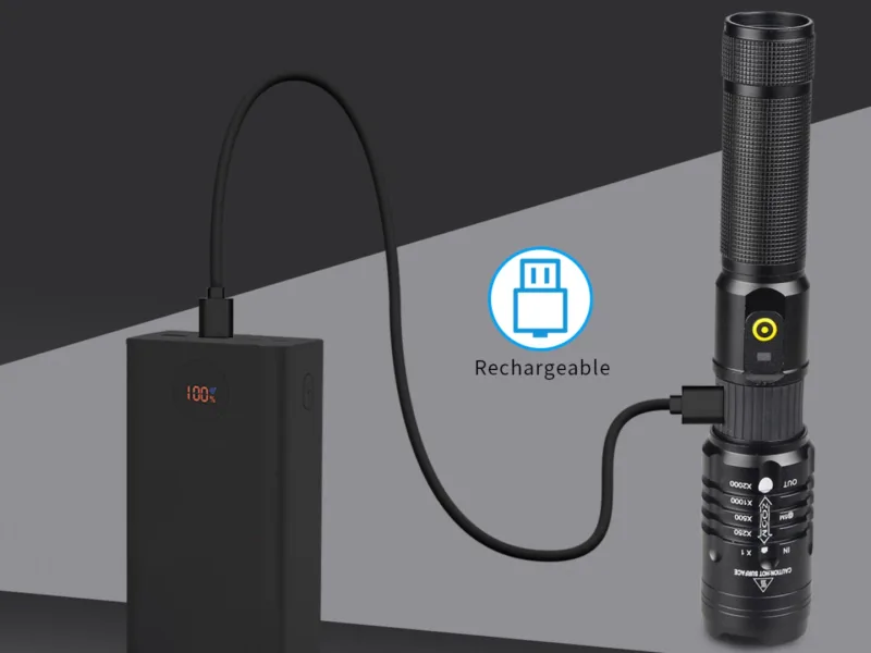 Small XHP50 LED Zoomable Flashlight Waterproof with 3 Modes and Battery Rechargeable