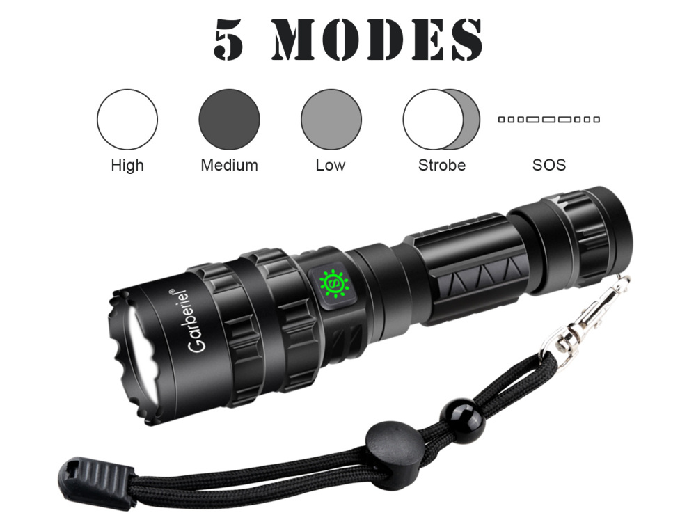 Garberiel X11 Flashlight 5 Modes IPX4 Waterproof  with 18650 Rechargeable Battery