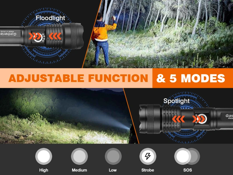 Garberiel XHP50 Super Bright 3500 Lumens Zoomable Rechargeable Flashlight