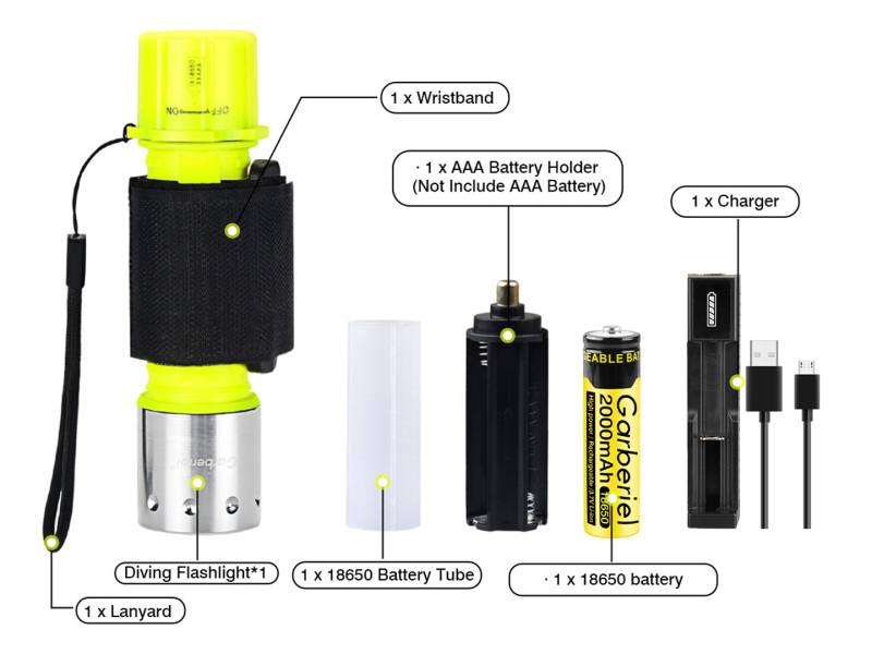 Garberiel IPX8 Rechargeable Diving Light Underwater 20 Meter ( 65 ft)