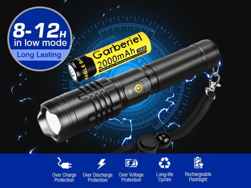 Small XHP50 LED Zoomable Flashlight Waterproof with 3 Modes and Battery Rechargeable