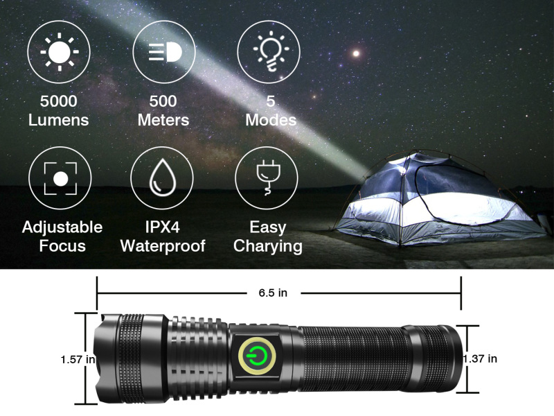 XHP70 3500 Lumens Flashlight 5 Modes with Battery Rechargeable