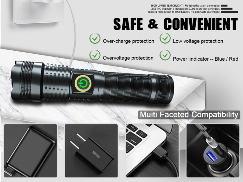 XHP70 3500 Lumens Flashlight 5 Modes with Battery Rechargeable