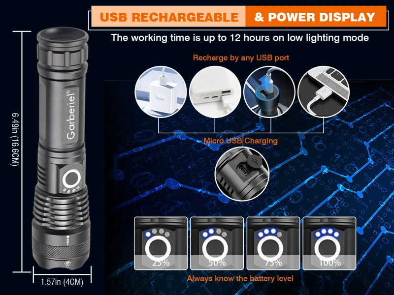 Garberiel XHP50 Super Bright 3500 Lumens Zoomable Rechargeable Flashlight