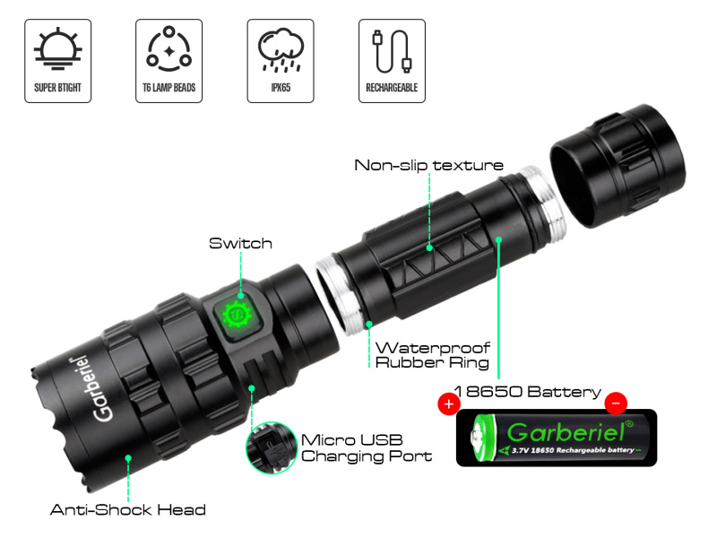 Garberiel X11 Flashlight 5 Modes IPX4 Waterproof  with 18650 Rechargeable Battery