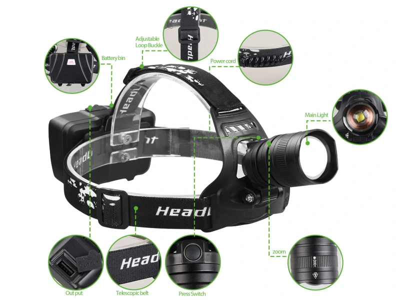 Garberiel XHP50 LED Rechargeable Headlamp 3 Modes with Adjustable Headband