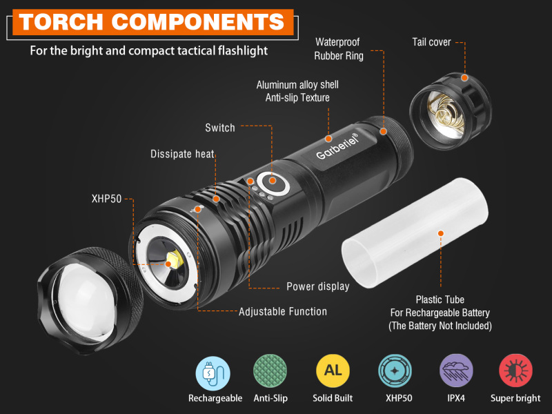 Garberiel XHP50 Super Bright 3500 Lumens Zoomable Rechargeable Flashlight