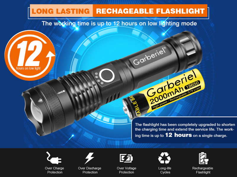 Garberiel XHP50 Super Bright 3500 Lumens Zoomable Rechargeable Flashlight