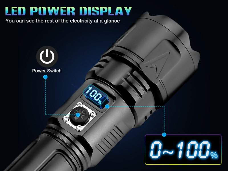 100000 Lumen Super Bright 5 Modes LED Rechargeable Flashlight With 26650 Battery & Power Display