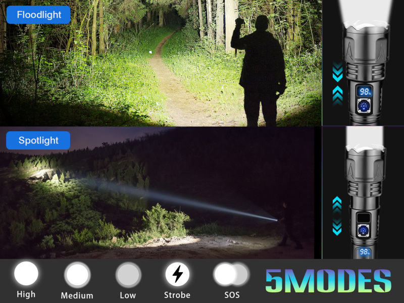100000 Lumen Super Bright 5 Modes LED Rechargeable Flashlight With 26650 Battery & Power Display