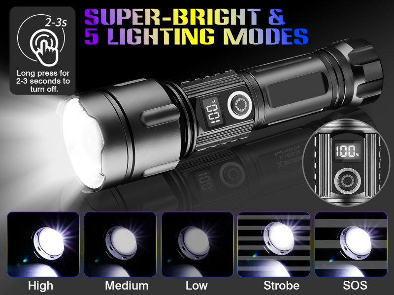 High Lumens USB Rechargeable LED Tactical Flashlight 5 Modes Torch with 26650 Battery & Power Display