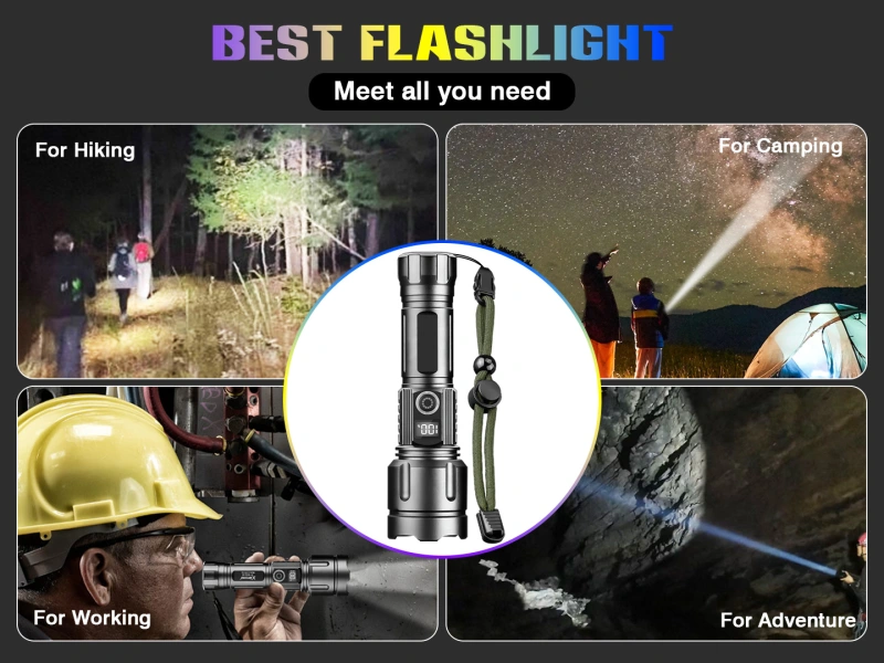High Lumens USB Rechargeable LED Tactical Flashlight 5 Modes Torch with 26650 Battery & Power Display