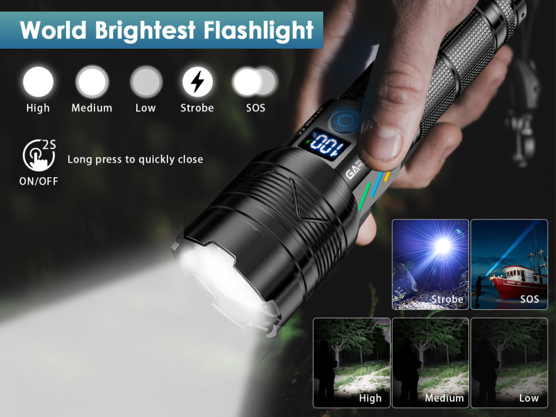 Garberiel 30000Lumen Rechargeable LED Flashlight with 26650 Battery& Power Display