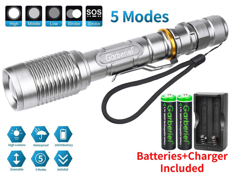 Super Bright Rechargeable LED Flashlight 5 Modes with Battery & Charger