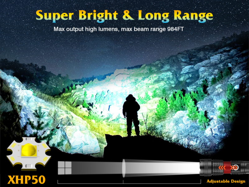 2 Set XHP50 LED 3500 Lumens Flashlight with IPX4 Water Resistant Level