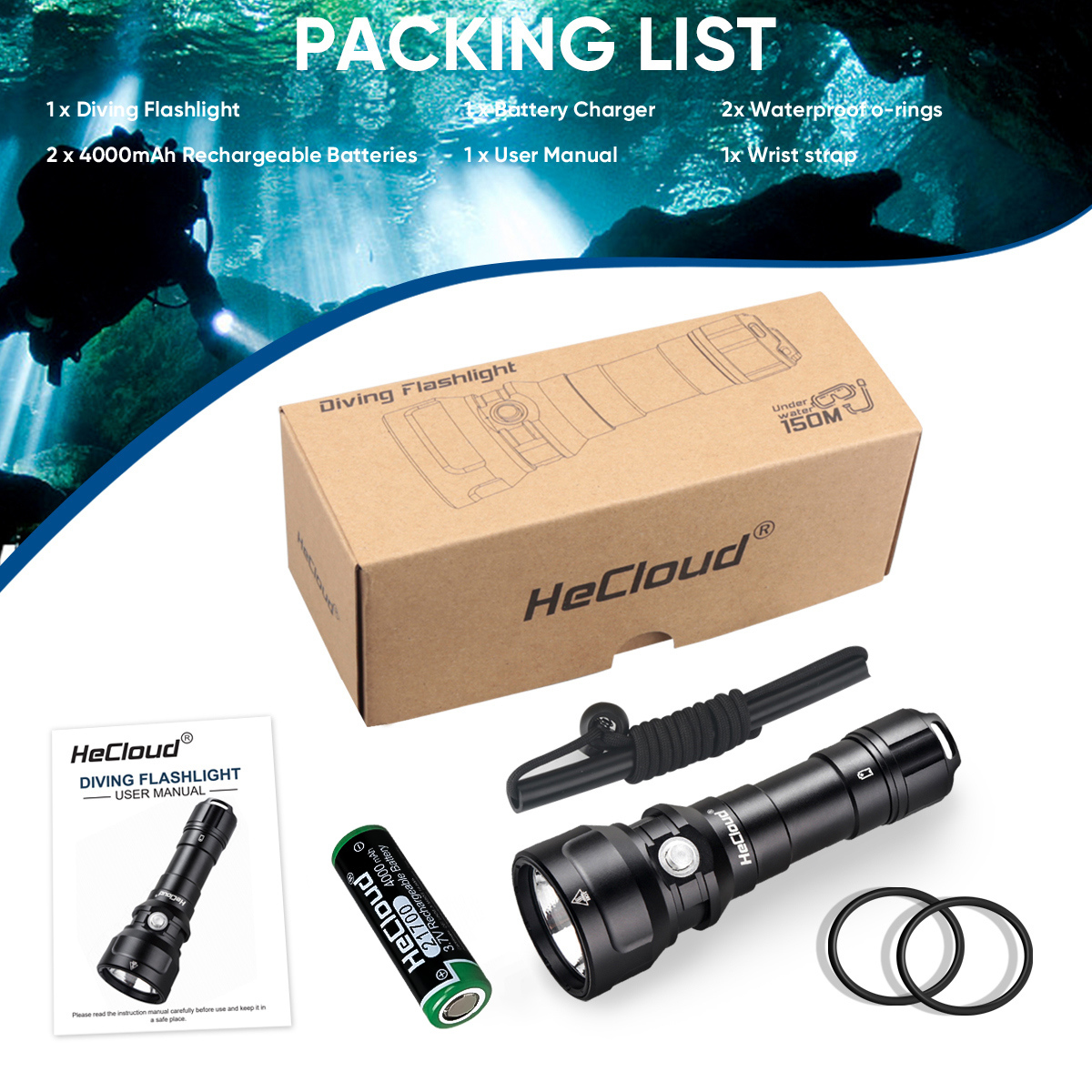 Hecloud Diving Scuba Flashlight Underwater 492ft with Rechargeable Battery and Charger