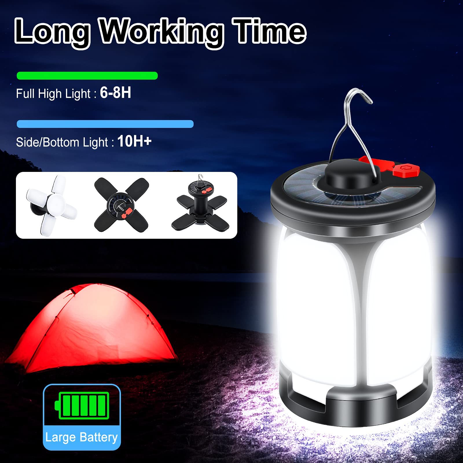 Lekaufen LED Solar Camping Lantern with 6 Light Modes, USB Rechargeable Camping Tent Light