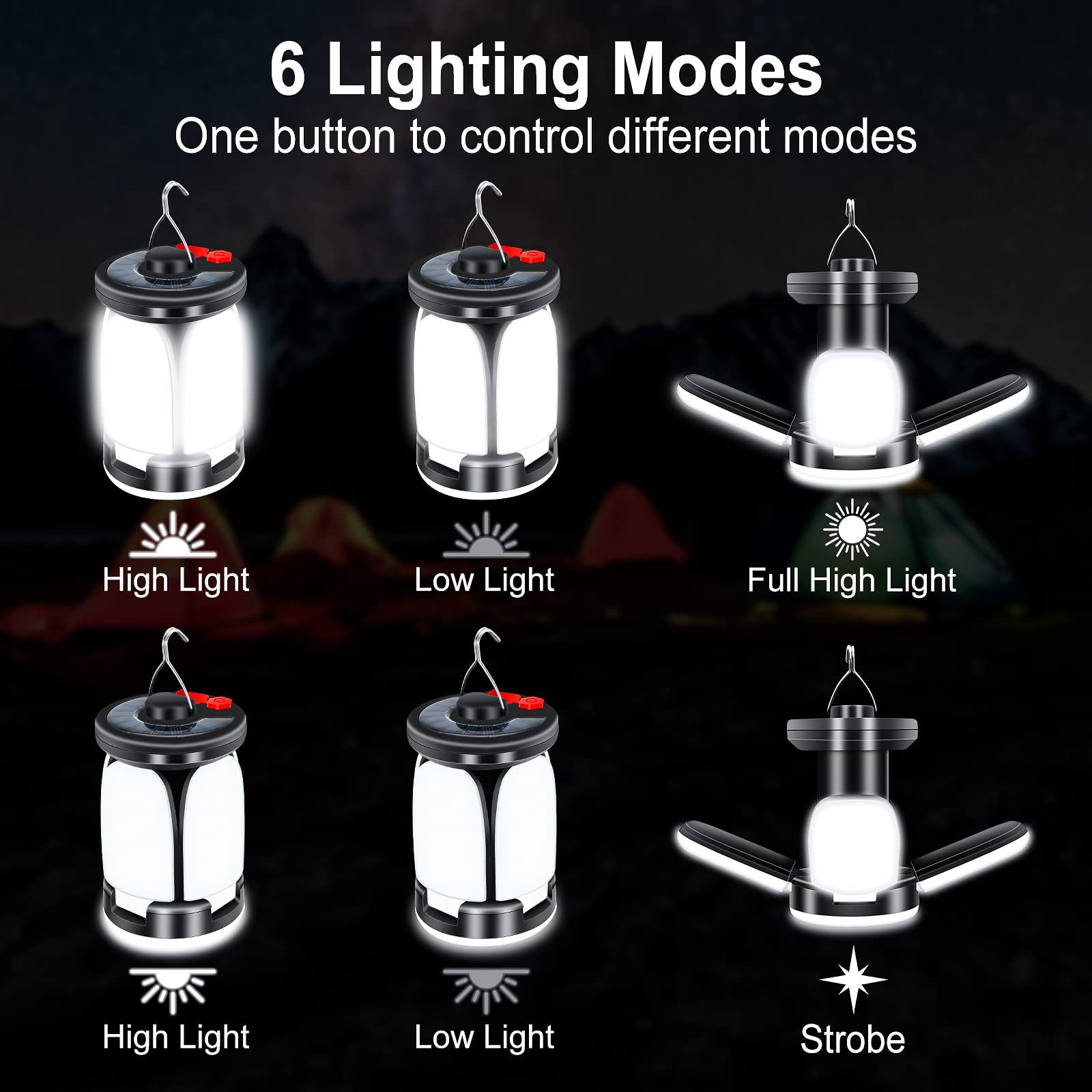Lekaufen LED Solar Camping Lantern with 6 Light Modes, USB Rechargeable Camping Tent Light