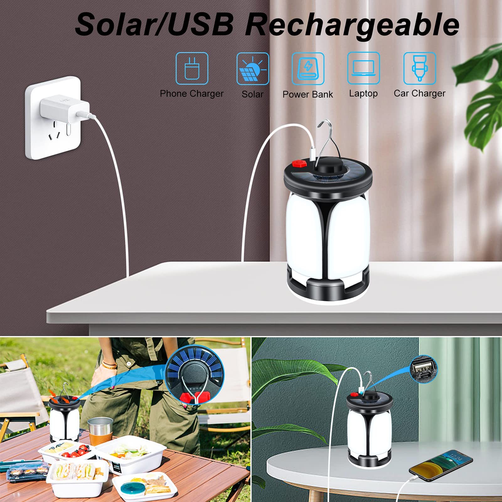 Lekaufen LED Solar Camping Lantern with 6 Light Modes, USB Rechargeable Camping Tent Light