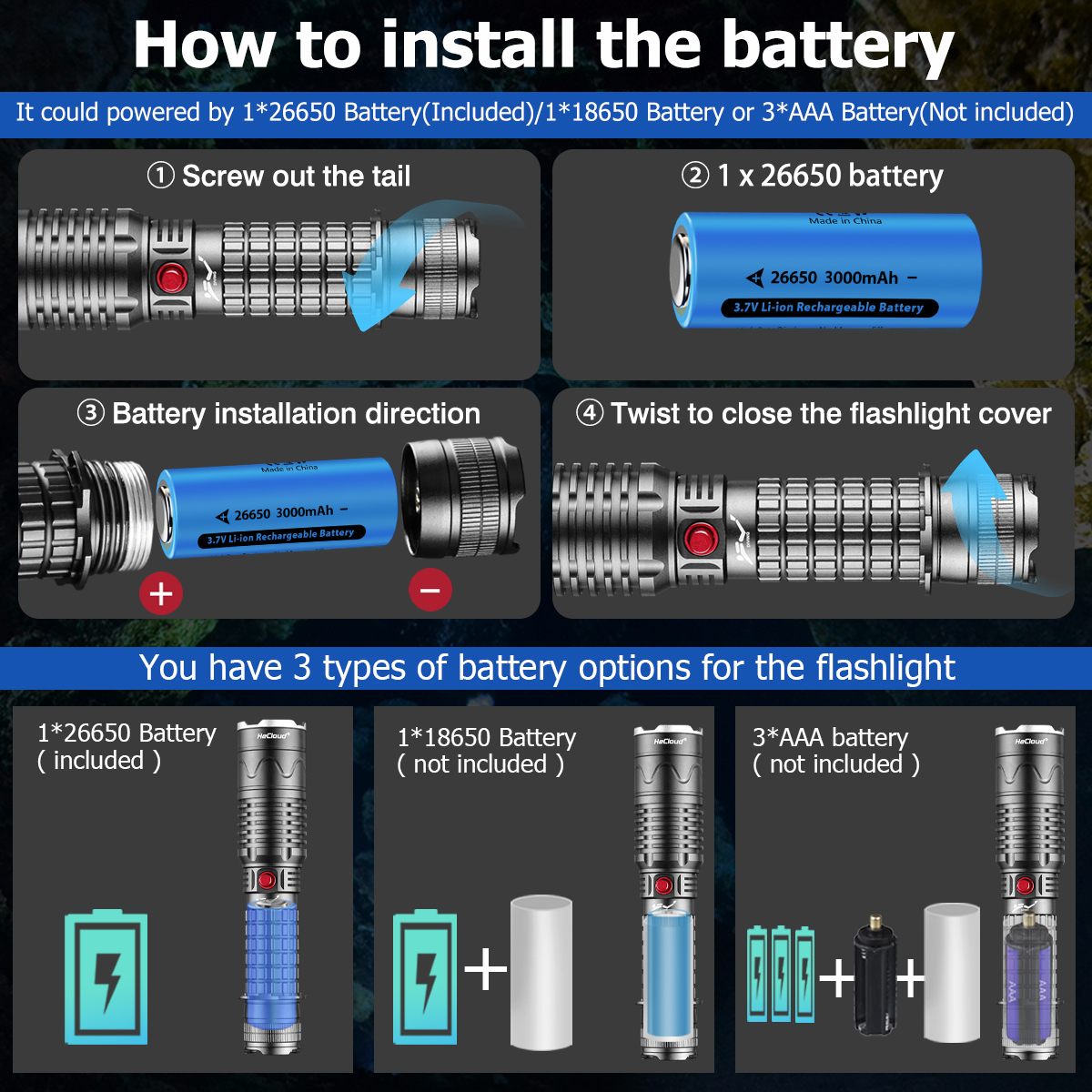 Hecloud 3000 Lumens Scuba Underwater Diving Flashlight IPX8 Waterproof Night Dive Torch