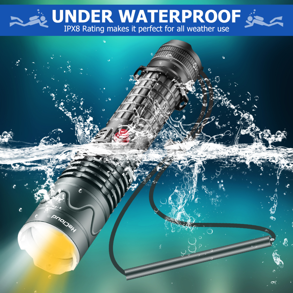 Hecloud 3000 Lumens Scuba Underwater Diving Flashlight IPX8 Waterproof Night Dive Torch