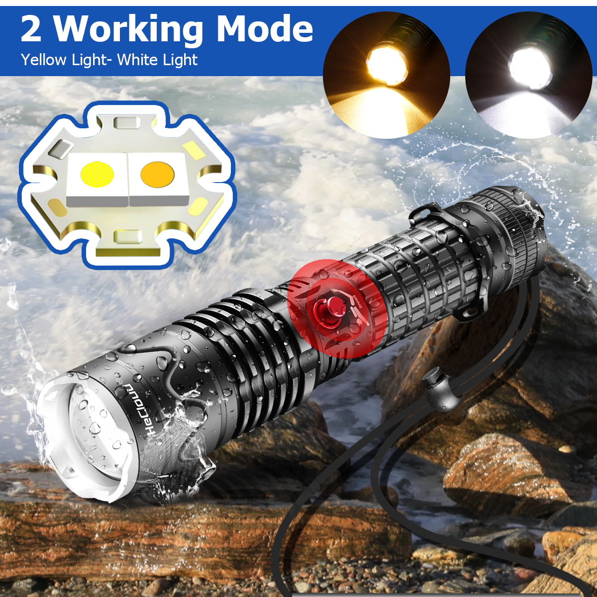 Hecloud 3000 Lumens Scuba Underwater Diving Flashlight IPX8 Waterproof Night Dive Torch