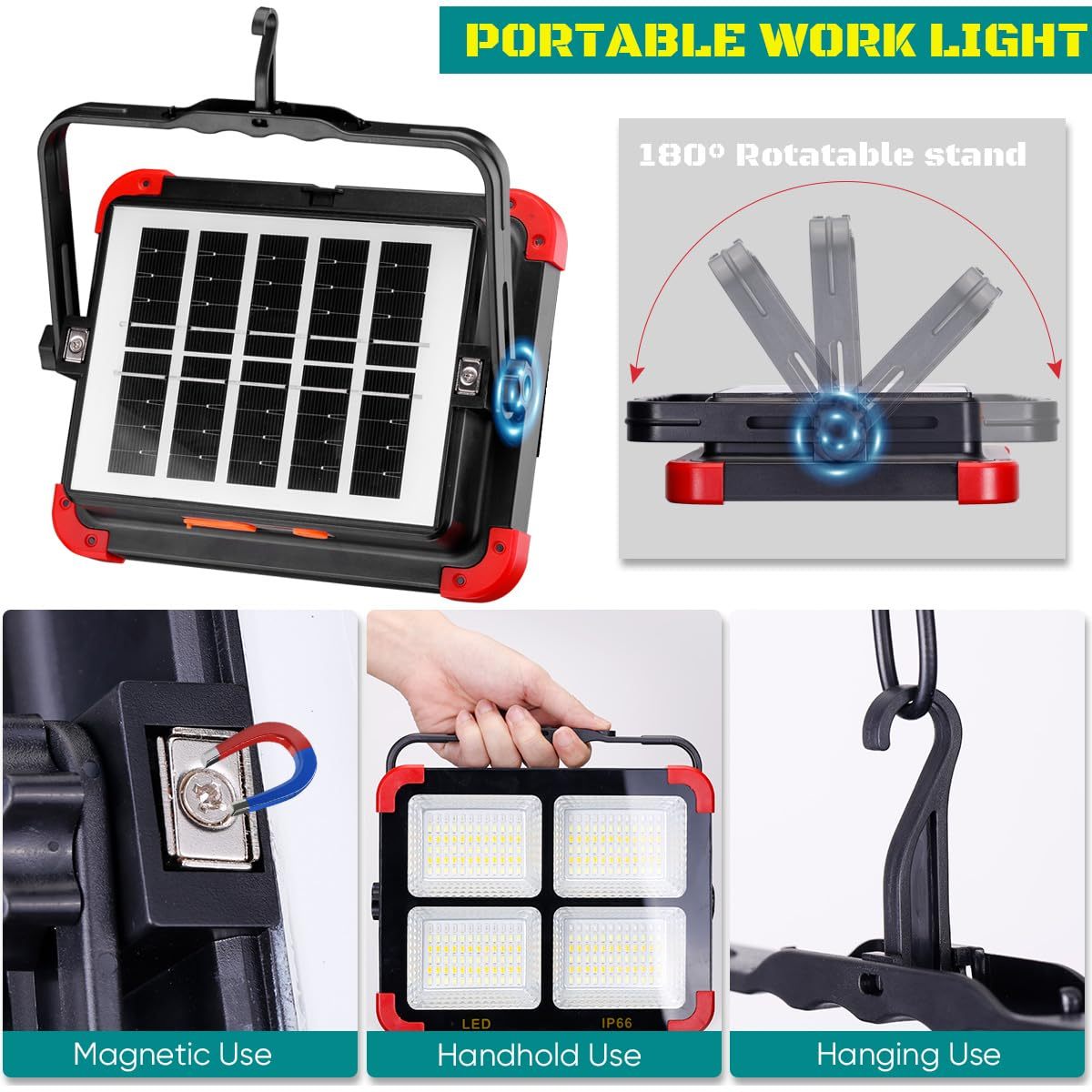100W Rechargeable LED Work Light IP66 Portable Solar Work Light Flood Light with 5 Modes