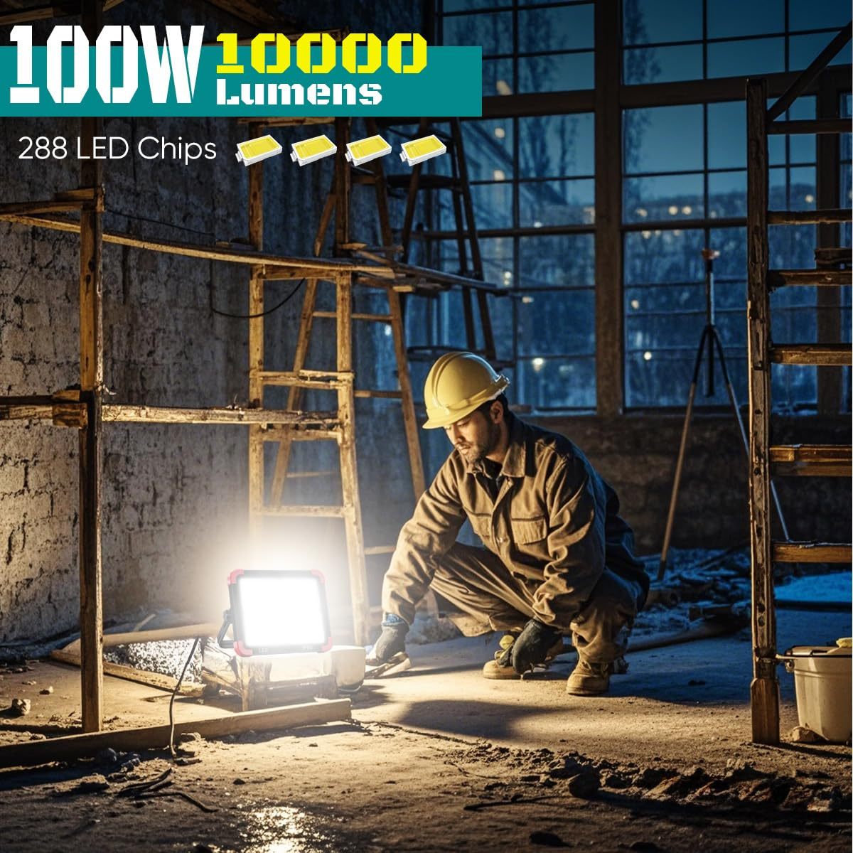 100W Rechargeable LED Work Light IP66 Portable Solar Work Light Flood Light with 5 Modes