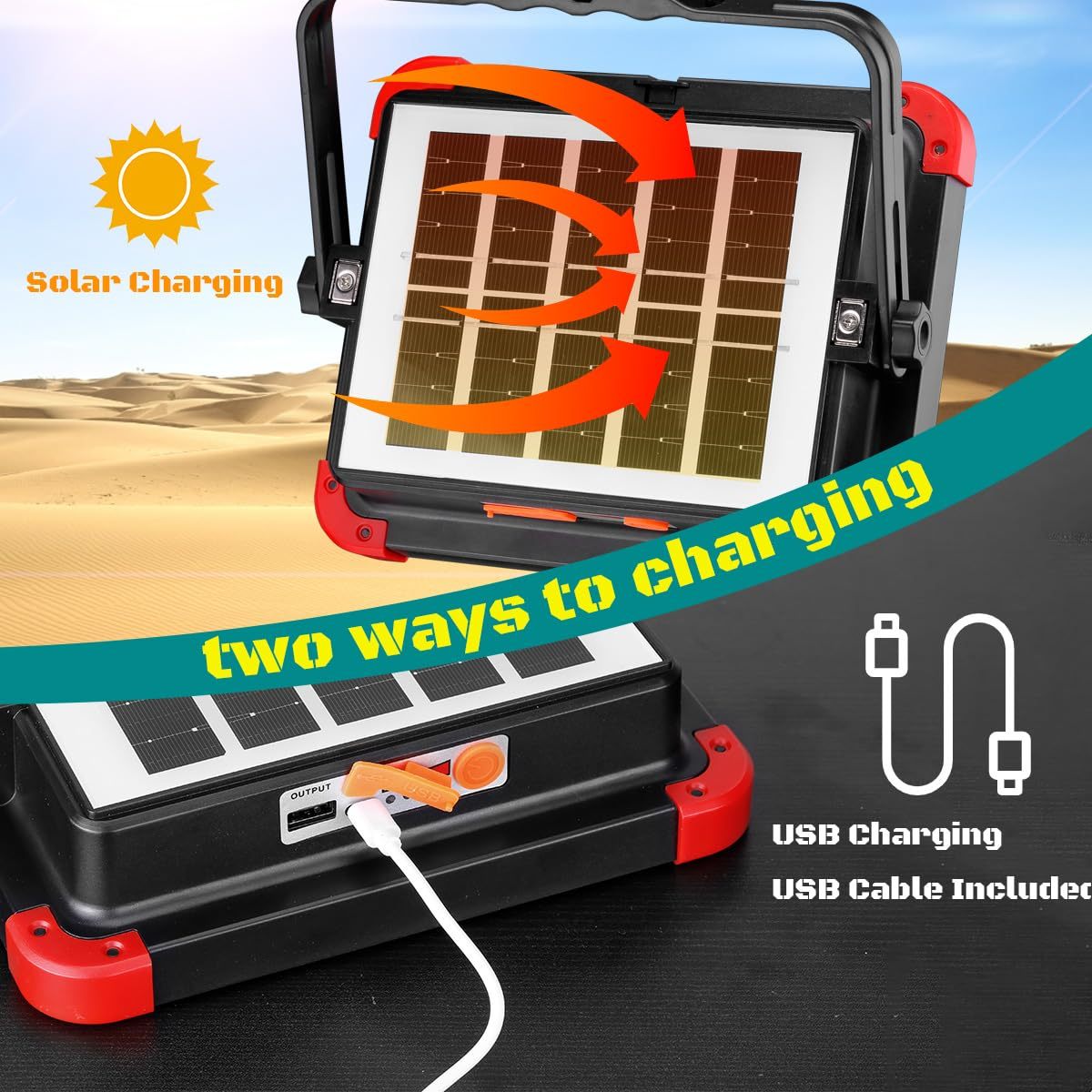 100W Rechargeable LED Work Light IP66 Portable Solar Work Light Flood Light with 5 Modes