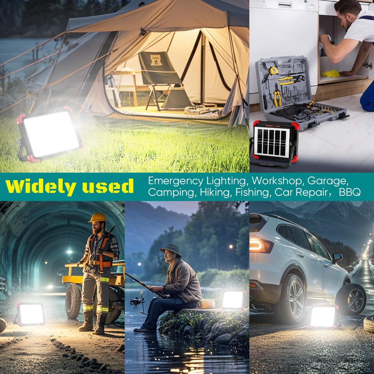 100W Rechargeable LED Work Light IP66 Portable Solar Work Light Flood Light with 5 Modes