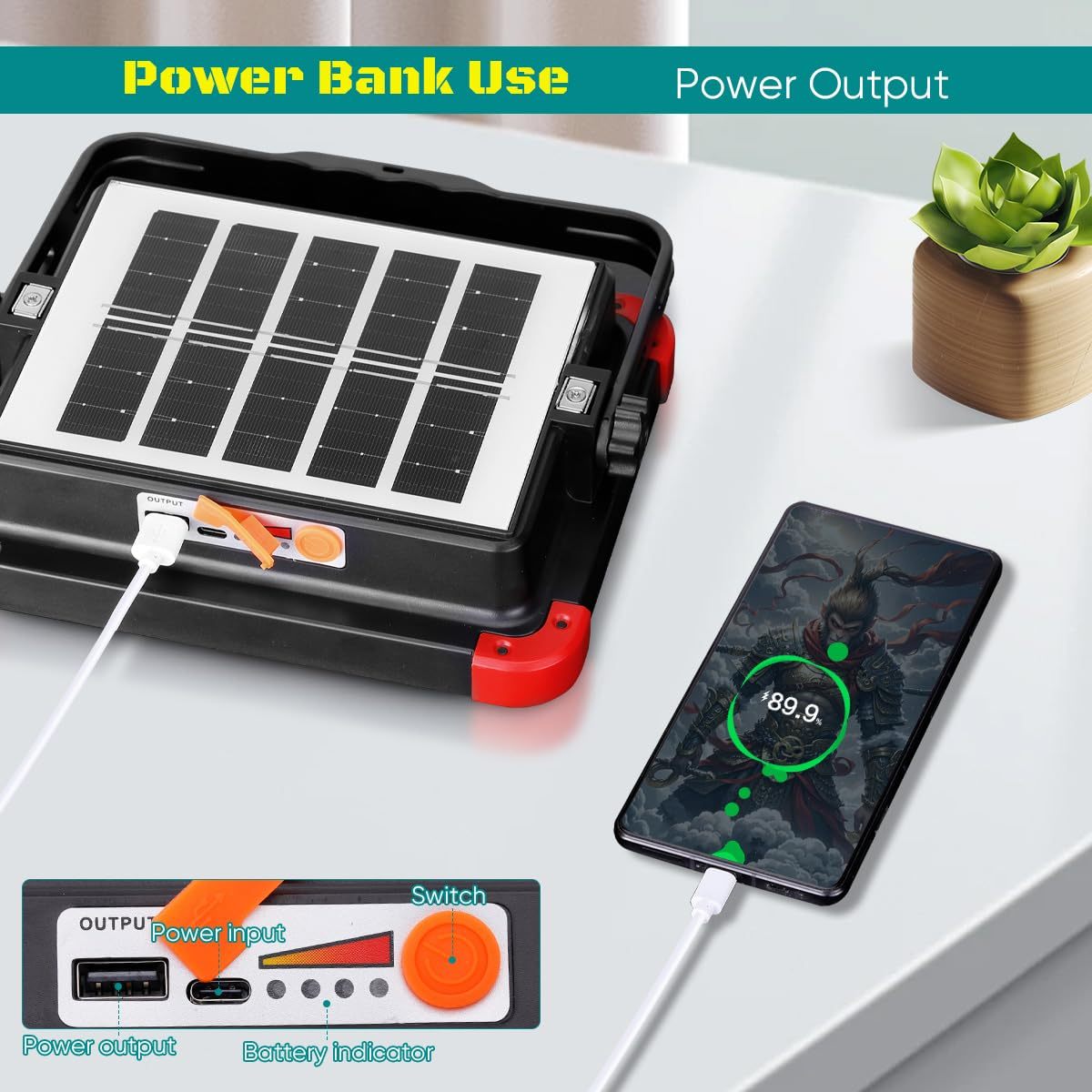 100W Rechargeable LED Work Light IP66 Portable Solar Work Light Flood Light with 5 Modes
