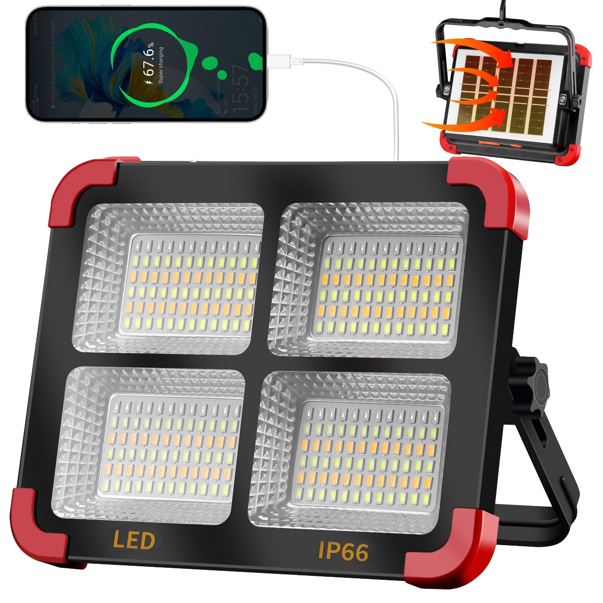 100W Rechargeable LED Work Light IP66 Portable Solar Work Light Flood Light with 5 Modes