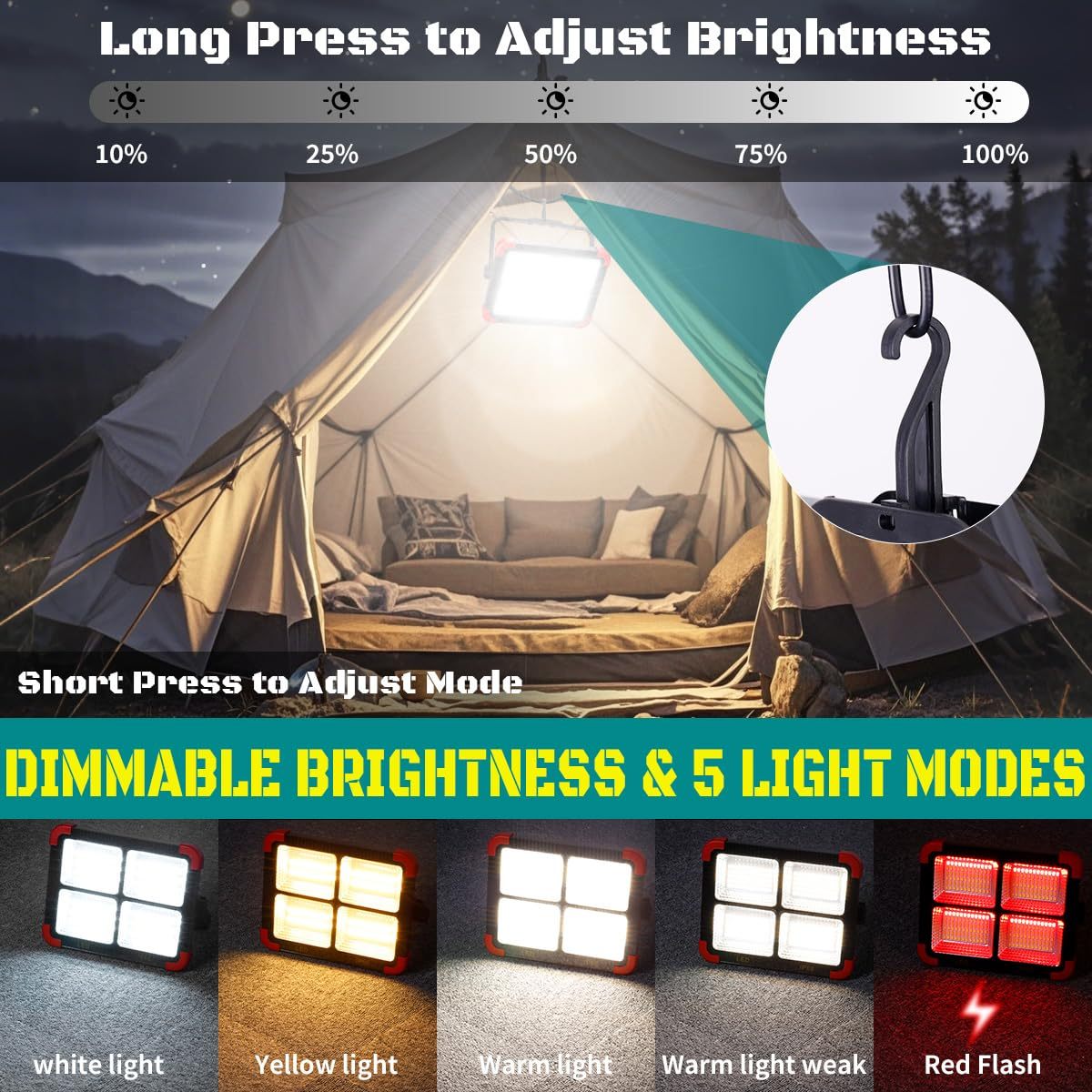 100W Rechargeable LED Work Light IP66 Portable Solar Work Light Flood Light with 5 Modes