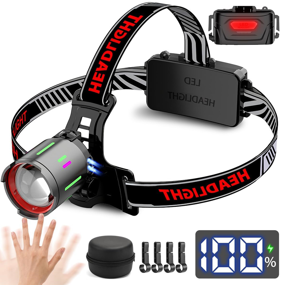 NAKCNM LED Rechargeable Headlamp with Motion Sensor, LCD Display, Helmet Lamp with Bag