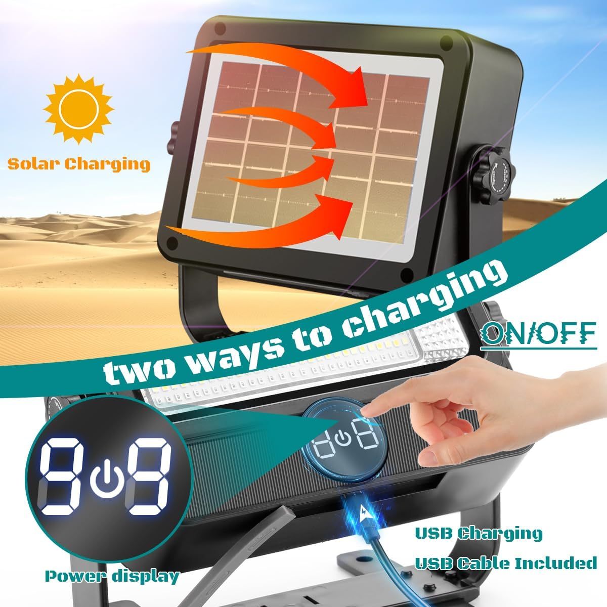 Lekaufen Solar Flood Light with 4 Modes and Digital Power Display for Outdoor Work Light Garage