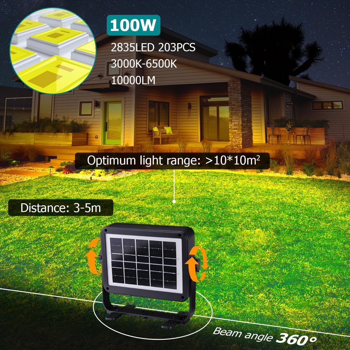 Lekaufen Solar Flood Light with 4 Modes and Digital Power Display for Outdoor Work Light Garage