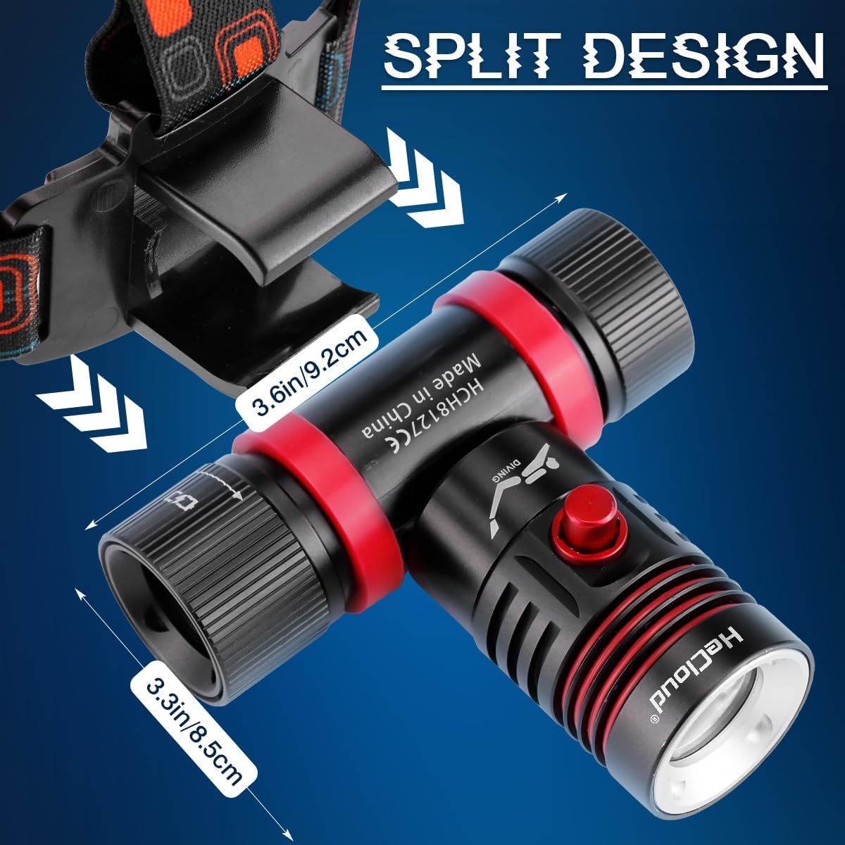 HeCloud Diving Headlamp 800LM with 3 Modes  for Diving Caving and Snorkeling