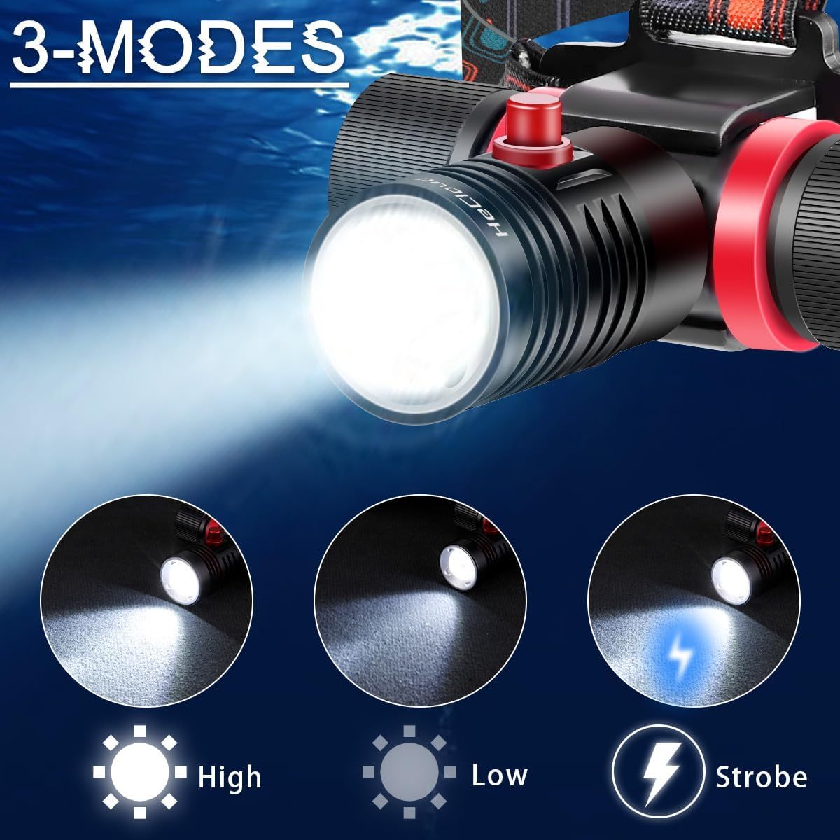 HeCloud Diving Headlamp 800LM with 3 Modes  for Diving Caving and Snorkeling