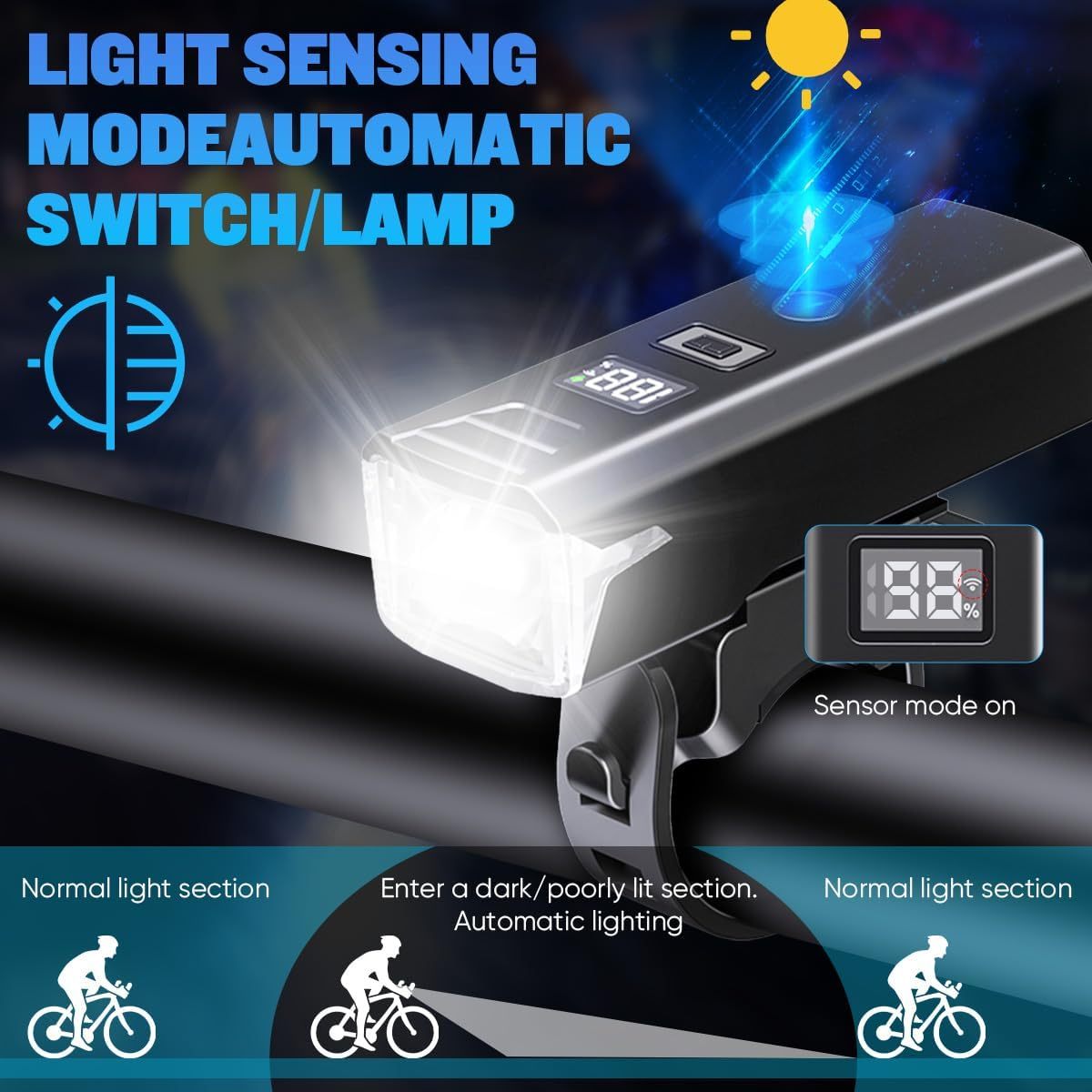 NAKCNM Bike Lights Front and Back with Sensor and LCD Display IPX6 for MTB eBike Road Mountain Night Bike Riding