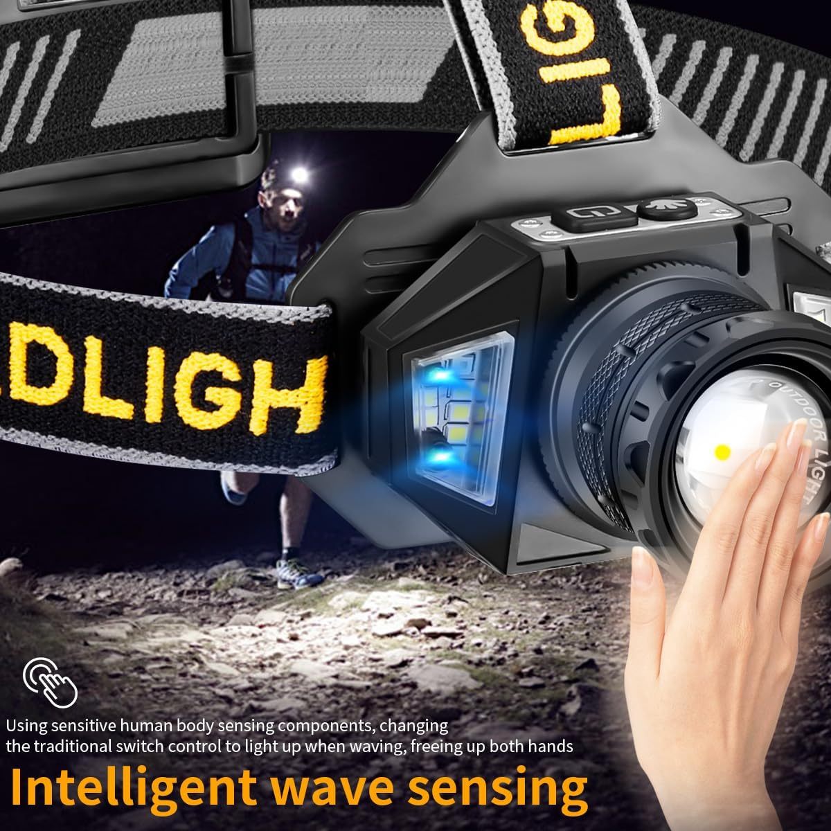 NAKCNM 30W Rechargeable LED Headlamp with Three Color Lights