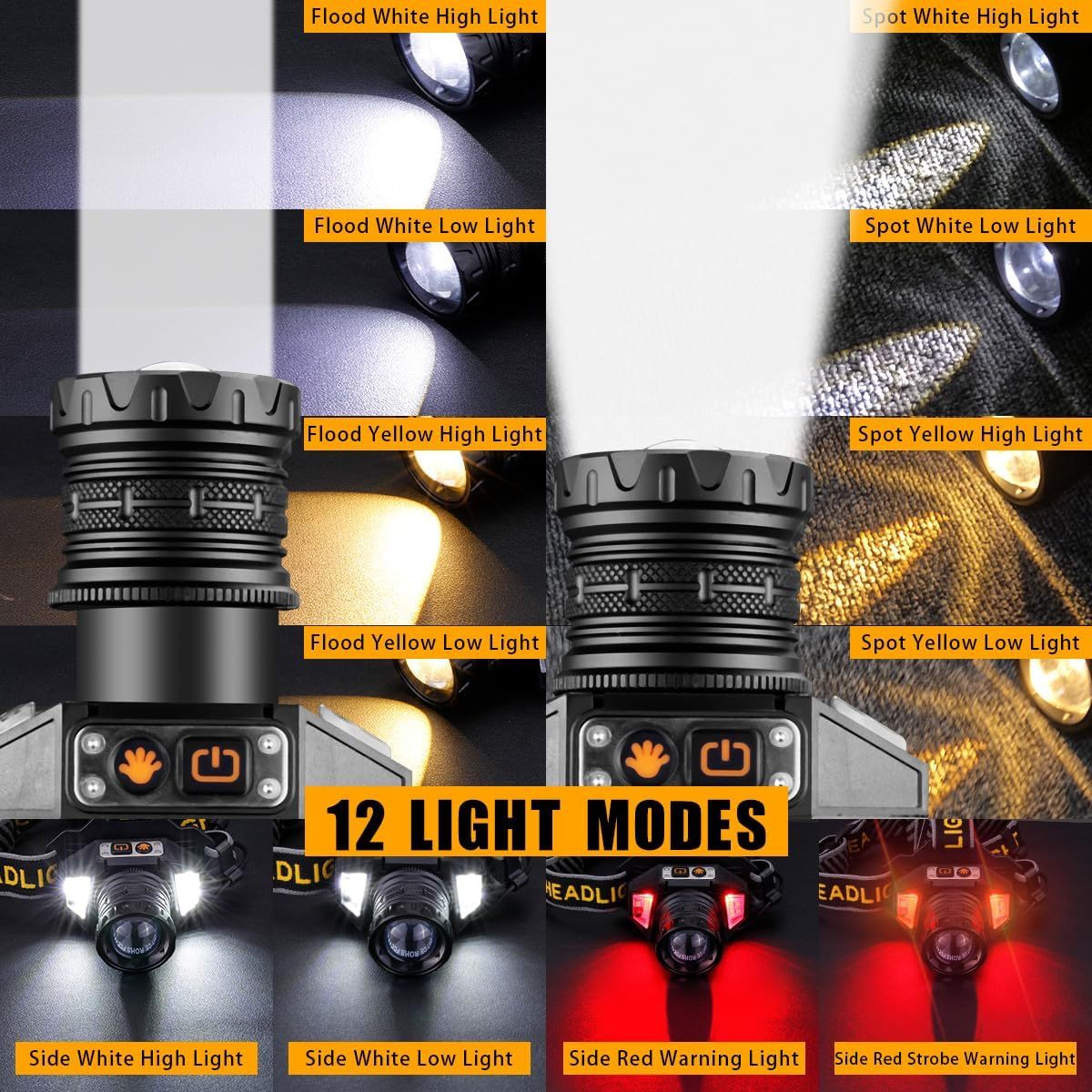 NAKCNM 30W Rechargeable LED Headlamp with Three Color Lights