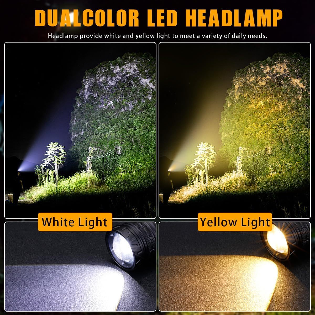 NAKCNM 30W Rechargeable LED Headlamp with Three Color Lights